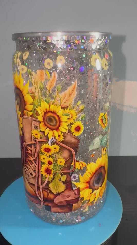 🤠 16oz Sunflower Cowboy Boots Snow Globe Tumbler 🌻